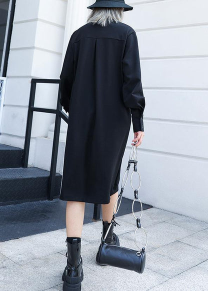 100% Black Cotton Tunic Top Stand Collar Button Cotton Fall Dress