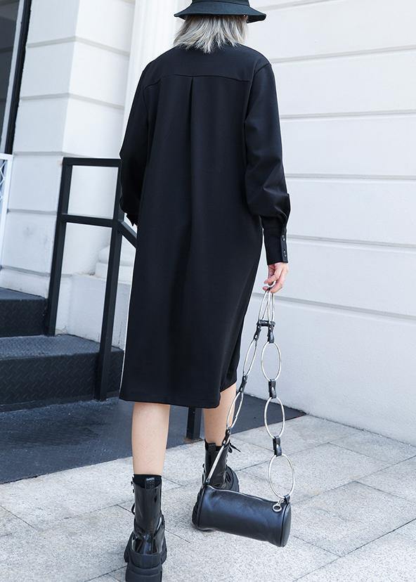100% Black Cotton Tunic Top Stand Collar Button Cotton Fall Dress