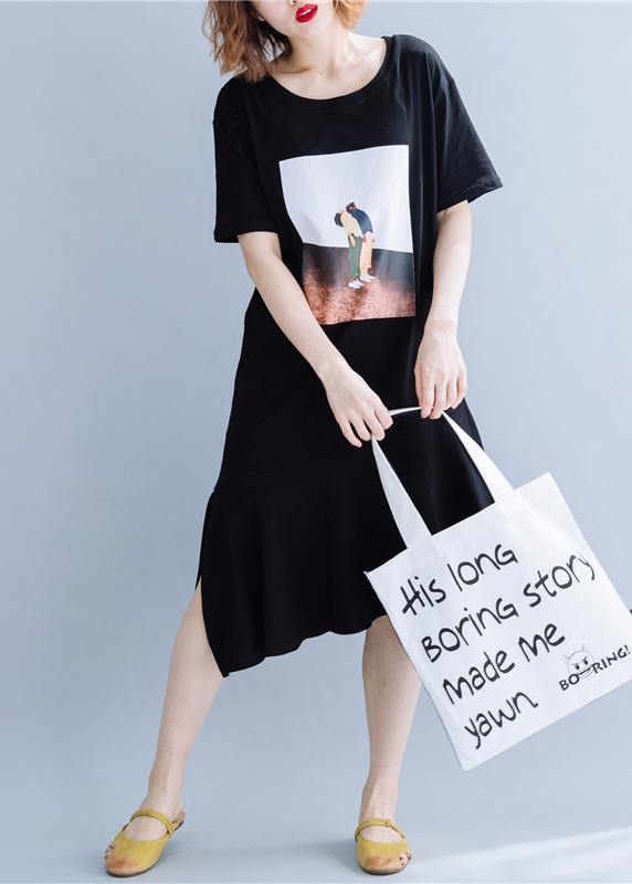 100% Black Cotton Clothes O Neck Patchwork Traveling Summer Dresses