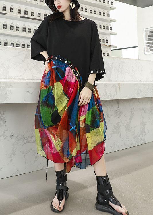 100% Black Cotton Dresses Patchwork Prints Chiffon Traveling Summer Dresses