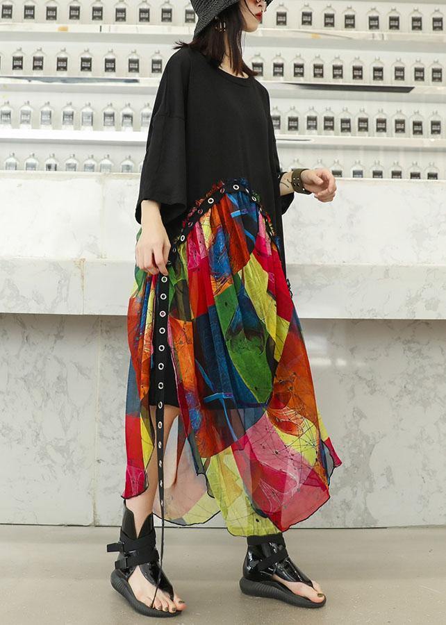 100% Black Cotton Dresses Patchwork Prints Chiffon Traveling Summer Dresses