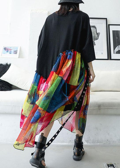 100% Black Cotton Dresses Patchwork Prints Chiffon Traveling Summer Dresses