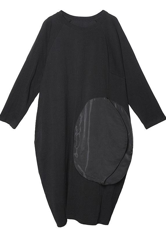 100% Black Linen Cotton Clothes for O Neck Pockets Art Spring Dresses