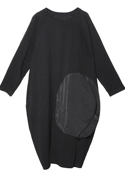 100% Black Linen Cotton Clothes for O Neck Pockets Art Spring Dresses