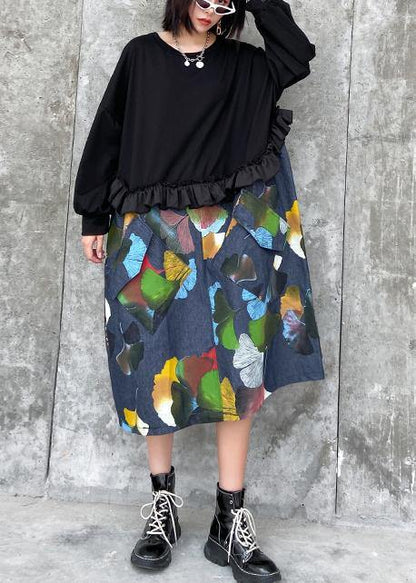 100% Black Patchwork Print Tunic Pattern O Neck Ruffles Art Dresses