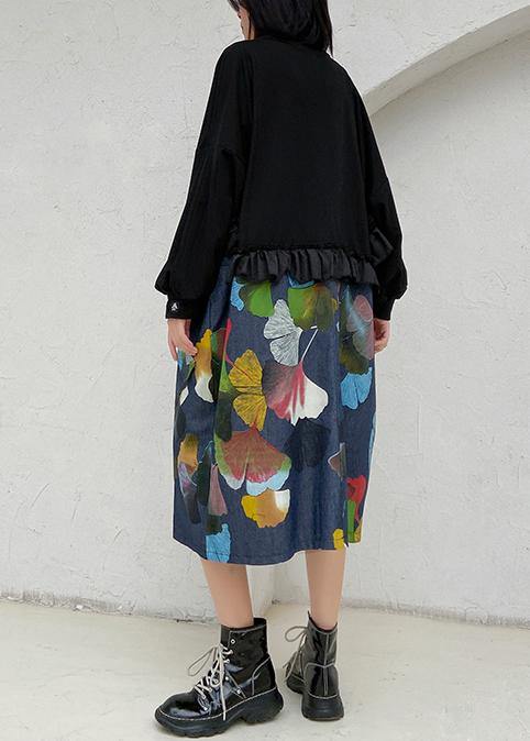 100% Black Patchwork Print Tunic Pattern O Neck Ruffles Art Dresses
