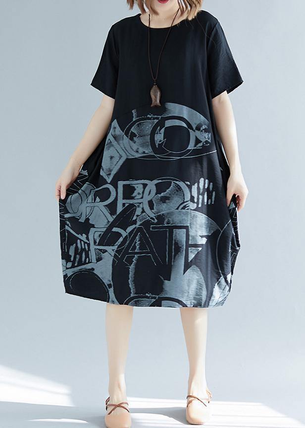 Black Print Cotton Blend Clothes for Organic Inspiration O Neck Patchwork Loose Summer Dresses