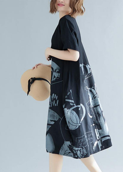 Black Print Cotton Blend Clothes for Organic Inspiration O Neck Patchwork Loose Summer Dresses
