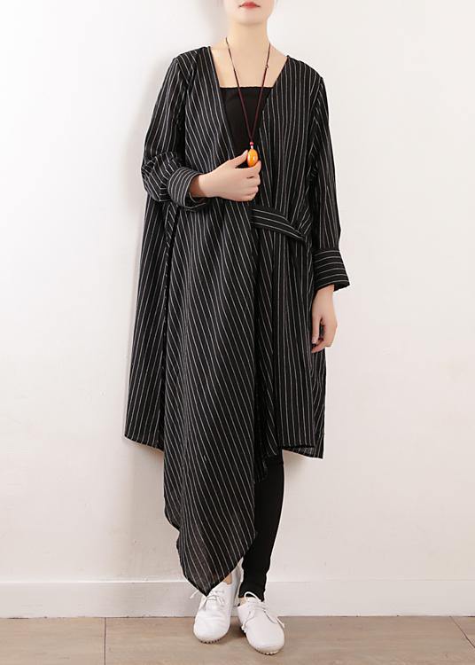 100% Black Striped Clothes V Neck Tie Waist Maxi Fall Dress