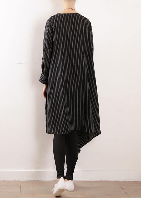 100% Black Striped Clothes V Neck Tie Waist Maxi Fall Dress