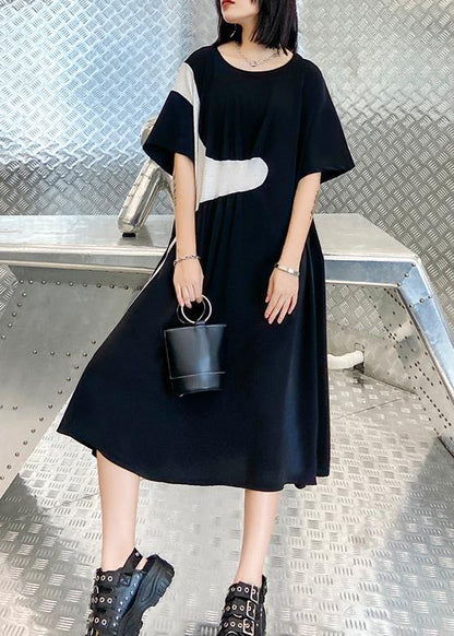 100% Black Cinched Dress O Neck Patchwork Short Dress