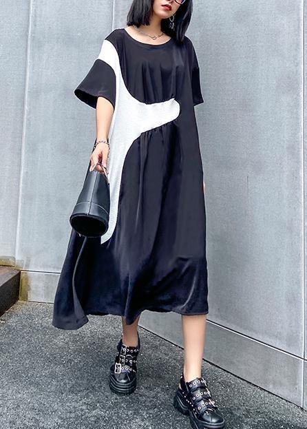 100% Black Cinched Dress O Neck Patchwork Short Dress
