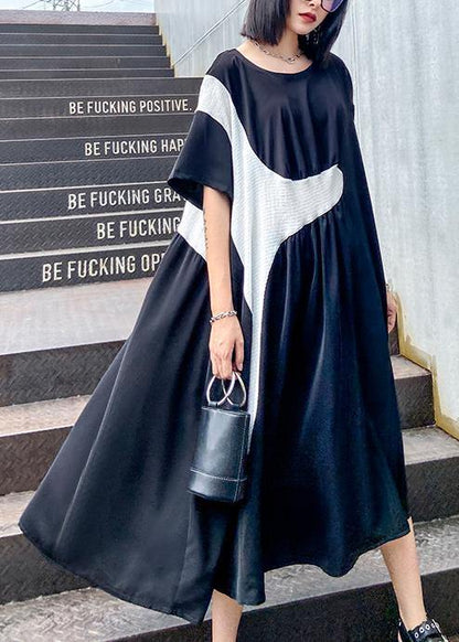 100% Black Cinched Dress O Neck Patchwork Short Dress