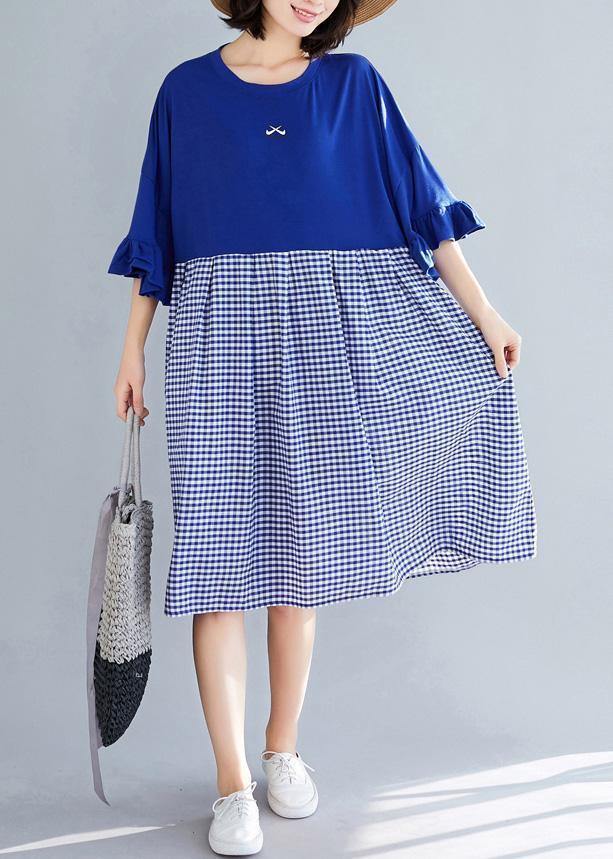 100% Blue Plaid Cotton Clothes Sweets Runway O Neck Butterfly Sleeve Shift Summer Dress