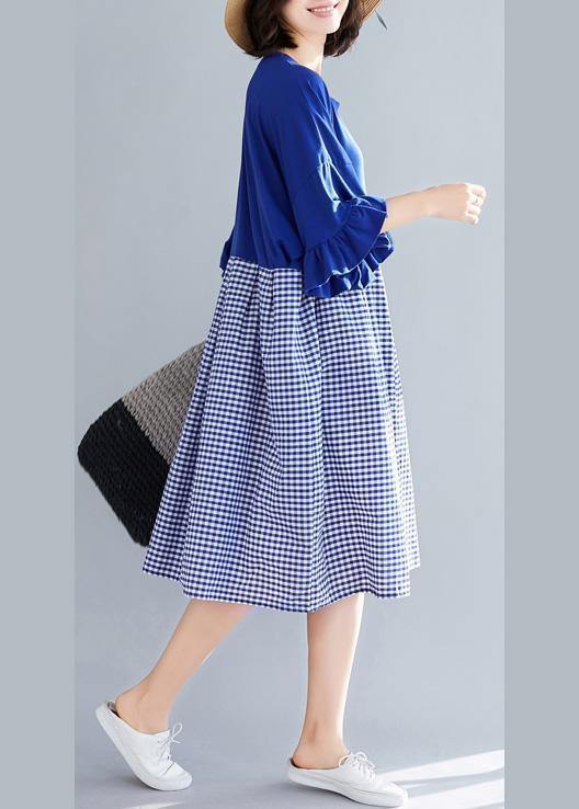 100% Blue Plaid Cotton Clothes Sweets Runway O Neck Butterfly Sleeve Shift Summer Dress