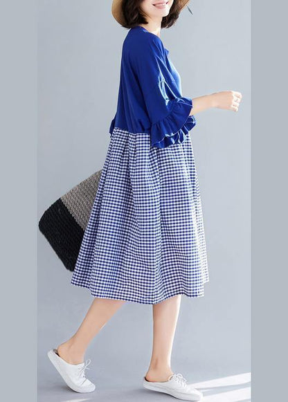 100% Blue Plaid Cotton Clothes Sweets Runway O Neck Butterfly Sleeve Shift Summer Dress
