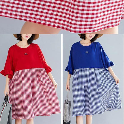 100% Blue Plaid Cotton Clothes Sweets Runway O Neck Butterfly Sleeve Shift Summer Dress