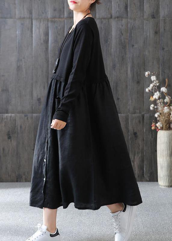 100% Cotton Tunic Omychic Cotton Spliced Female Long Sleeve Black Dress