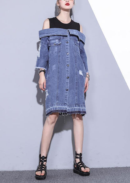 100% Denim Blue Cotton Long Shirts Slash Neck Oversized Summer Dresses
