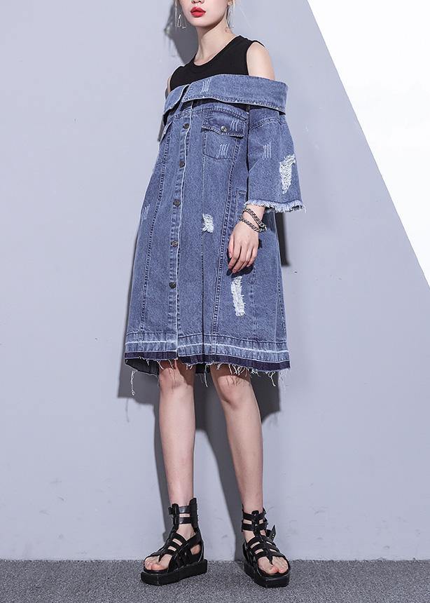 100% Denim Blue Cotton Long Shirts Slash Neck Oversized Summer Dresses