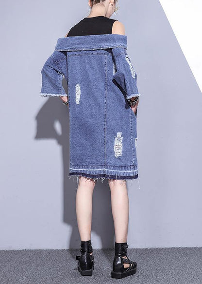 100% Denim Blue Cotton Long Shirts Slash Neck Oversized Summer Dresses