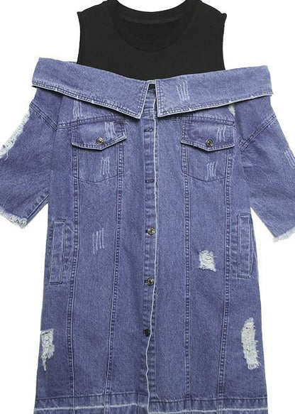 100% Denim Blue Cotton Long Shirts Slash Neck Oversized Summer Dresses