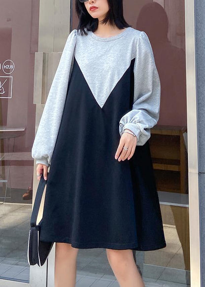 100% Gray Robes O Neck Patchwork Black Long Dress