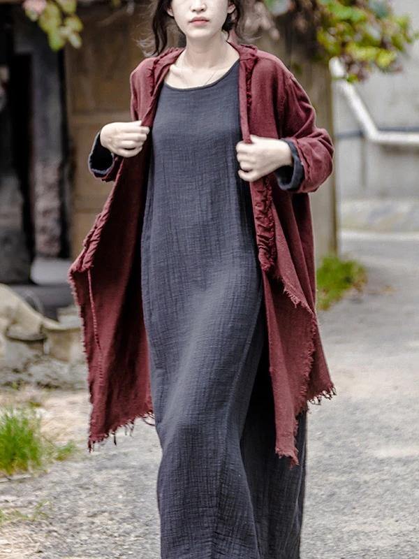 100% Gray Cotton Robes O Neck Baggy Maxi Spring Dress