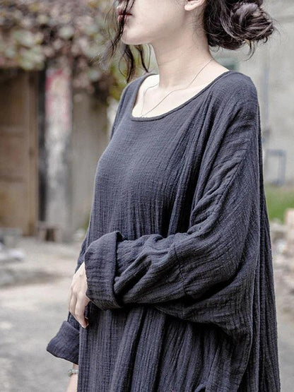 100% Gray Cotton Robes O Neck Baggy Maxi Spring Dress