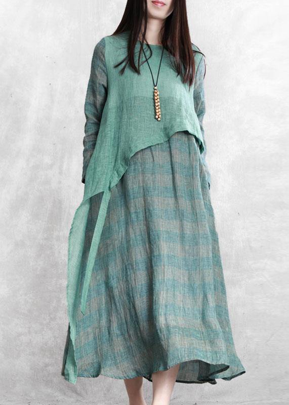 100% Green Plaid Tunic Top O Neck Asymmetric Maxi Fall Dresses