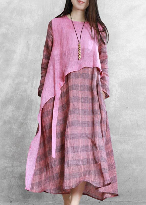 100% Green Plaid Tunic Top O Neck Asymmetric Maxi Fall Dresses