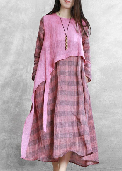 100% Green Plaid Tunic Top O Neck Asymmetric Maxi Fall Dresses