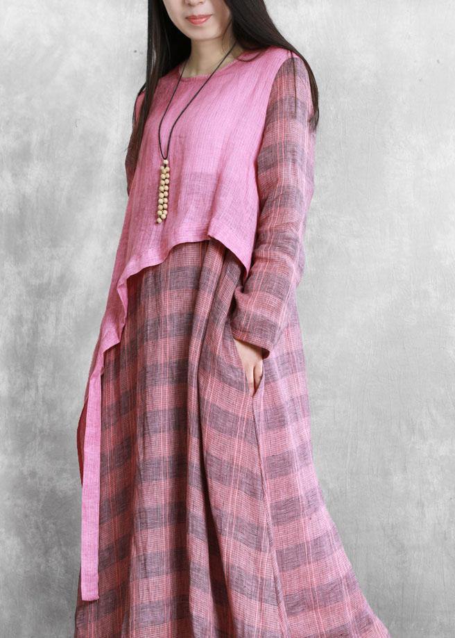 100% Green Plaid Tunic Top O Neck Asymmetric Maxi Fall Dresses