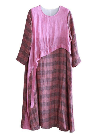 100% Green Plaid Tunic Top O Neck Asymmetric Maxi Fall Dresses