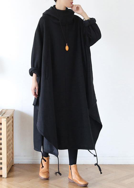 100% Hooded Asymmetric Cotton Wardrobes Work Black Maxi Dress