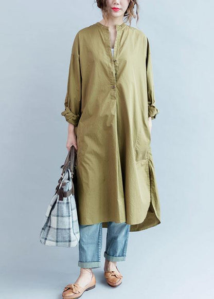 100% Khaki Cotton Clothes Side Open Loose Fall Dress