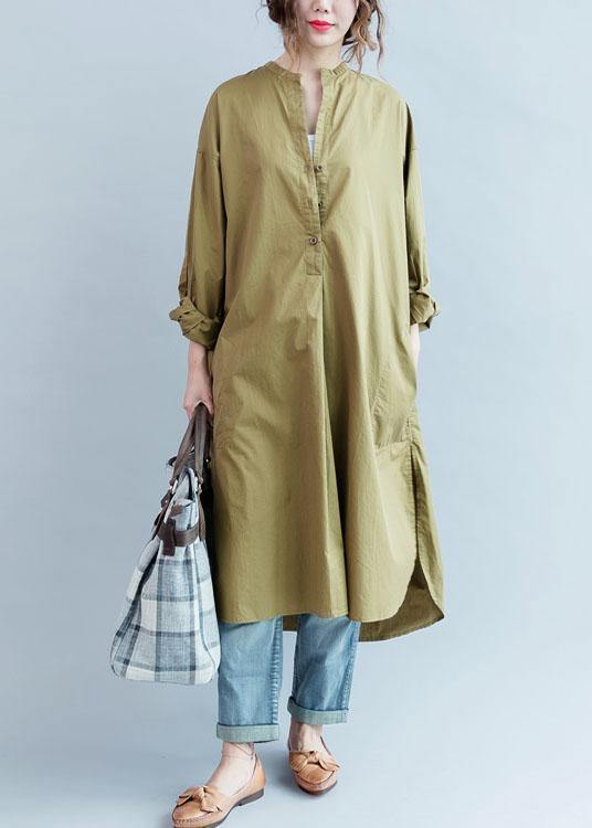 100% Khaki Cotton Clothes Side Open Loose Fall Dress