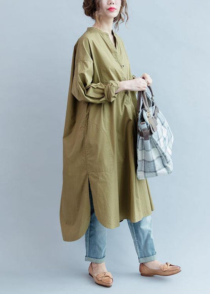 100% Khaki Cotton Clothes Side Open Loose Fall Dress