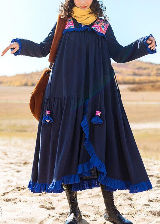 100% Navy Cotton Tunics Embroidery Dresses Ruffles Dresses