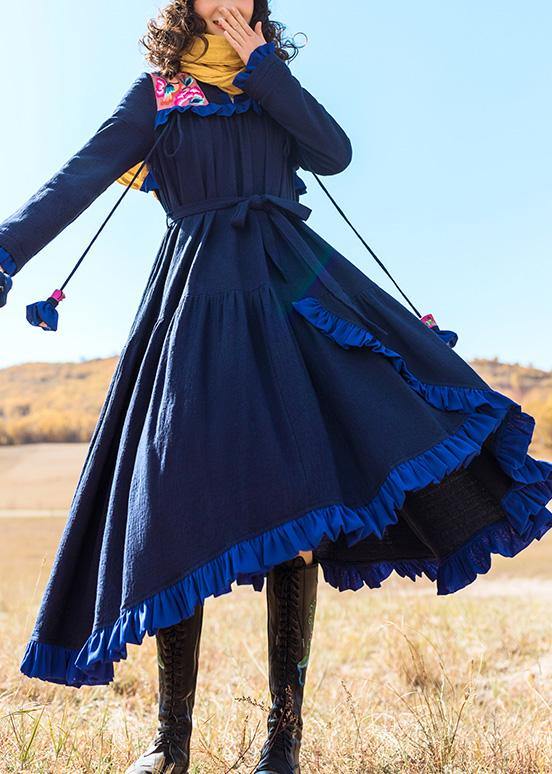 100% Navy Cotton Tunics Embroidery Dresses Ruffles Dresses