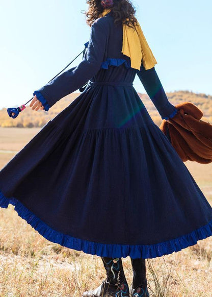 100% Navy Cotton Tunics Embroidery Dresses Ruffles Dresses