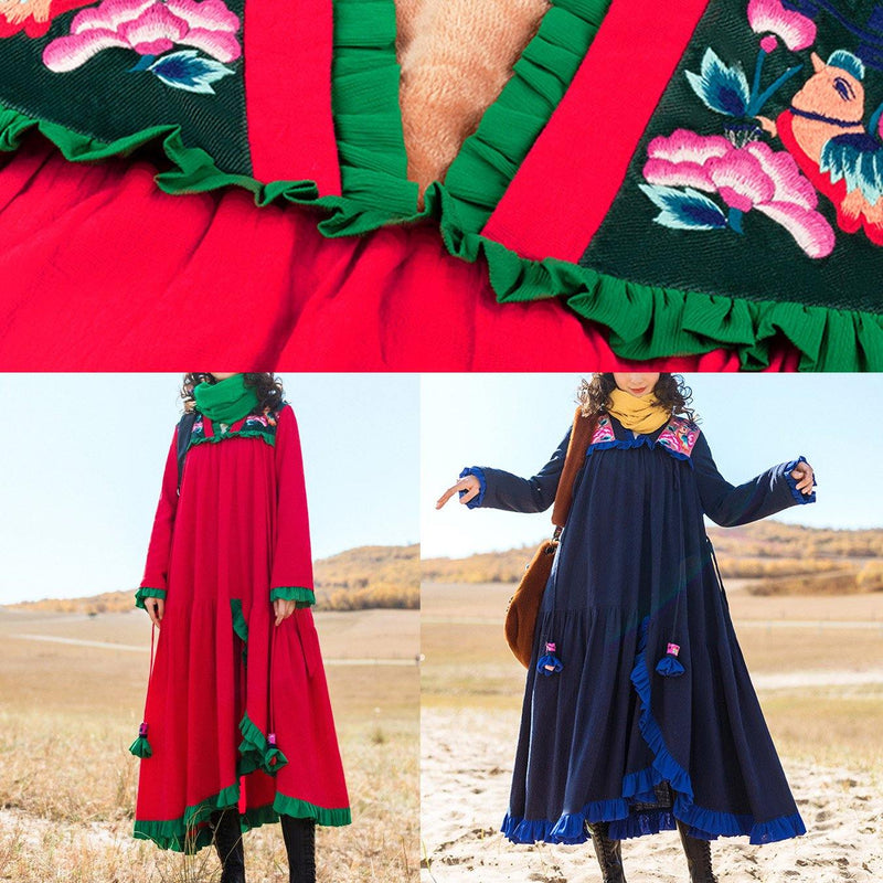 100% Navy Cotton Tunics Embroidery Dresses Ruffles Dresses