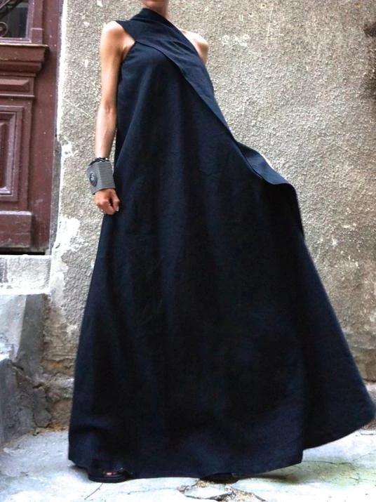 100% Navy Cotton Linen Quilting Clothes Sleeveless Patchwork Love Dresses