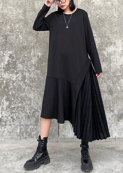 100% O Neck Ruffles Cotton Clothes Outfits Black Long Dresses
