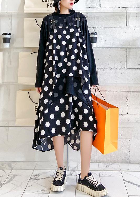 100% O Neck Asymmetric Clothes Tutorials Black Dotted Long Dress