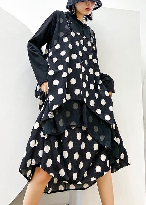 100% O Neck Asymmetric Clothes Tutorials Black Dotted Long Dress