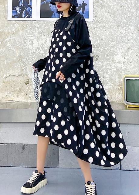 100% O Neck Asymmetric Clothes Tutorials Black Dotted Long Dress