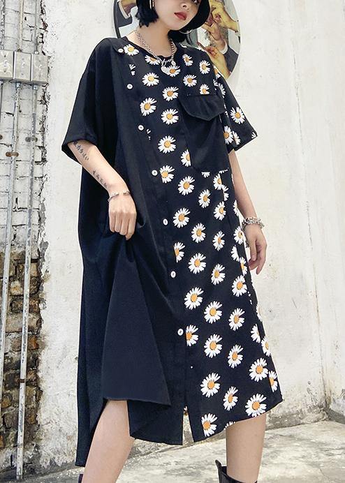 100% O Neck Asymmetric Cotton Clothes Shirts Black Print Cotton Robes Dress
