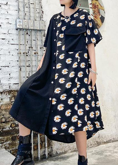 100% O Neck Asymmetric Cotton Clothes Shirts Black Print Cotton Robes Dress