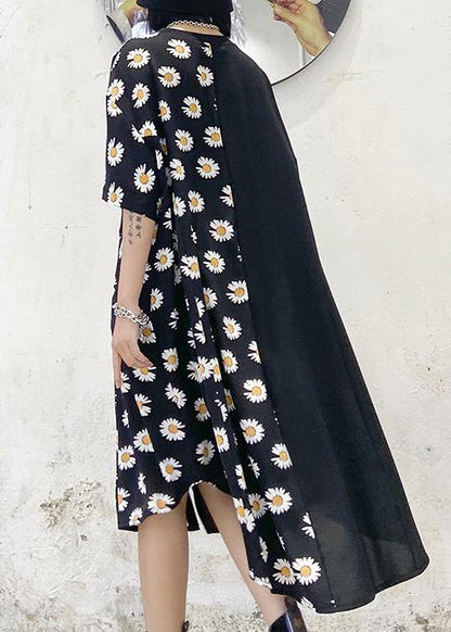 100% O Neck Asymmetric Cotton Clothes Shirts Black Print Cotton Robes Dress